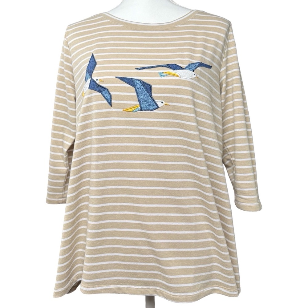 Seagull Embroidered Coastal Striped Top Nautical Beach Cactus‎ + Pearl S